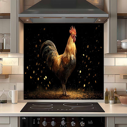 Kitchen stove with a decorative glass backsplash featuring a rooster design.