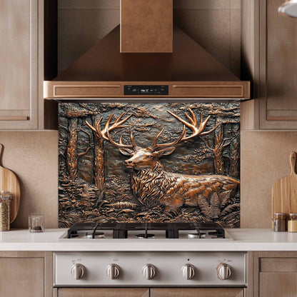 Decorative backsplash with a deer design above a stove in a kitchen.