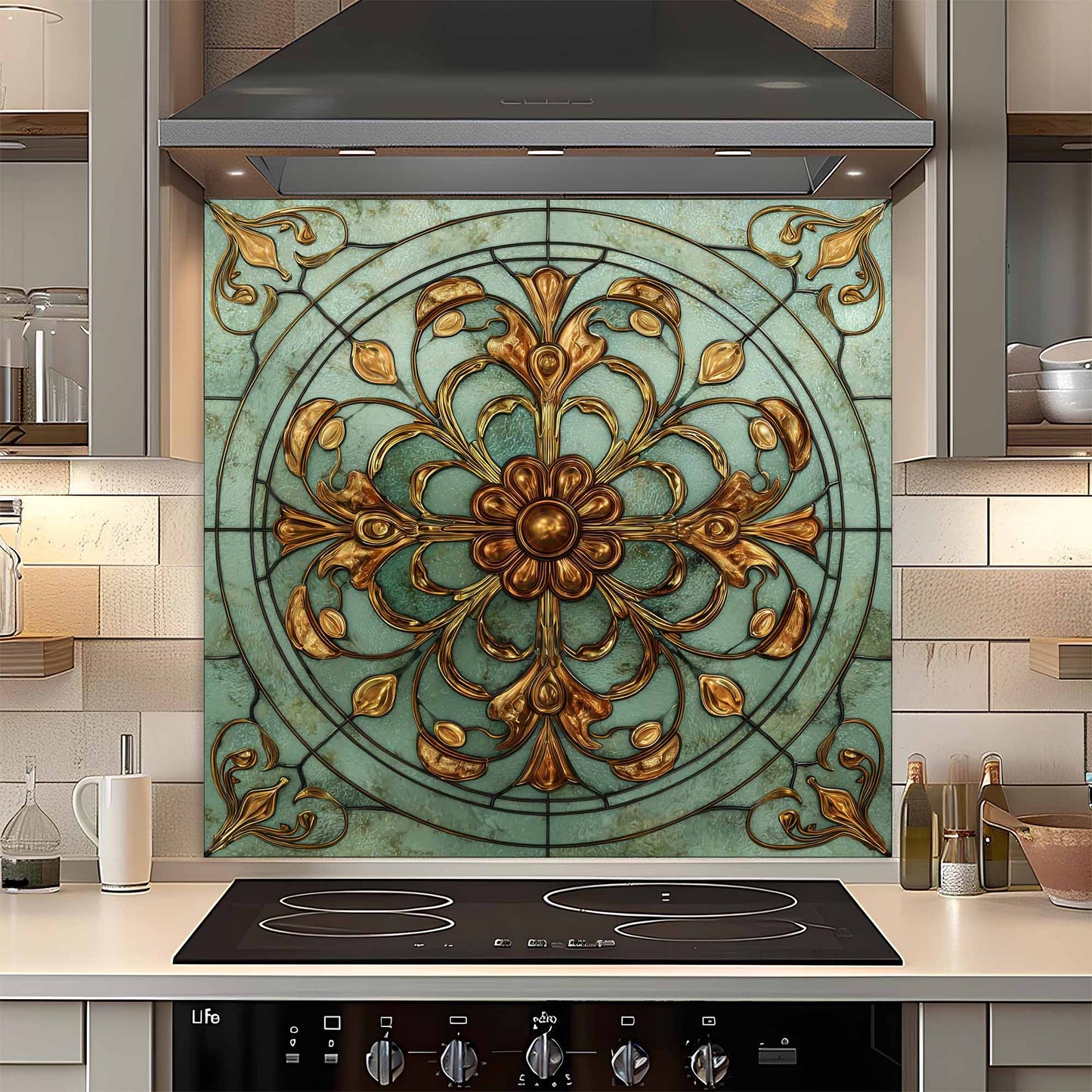 Custom kitchen backsplash with floral pattern above a stove in a kitchen.