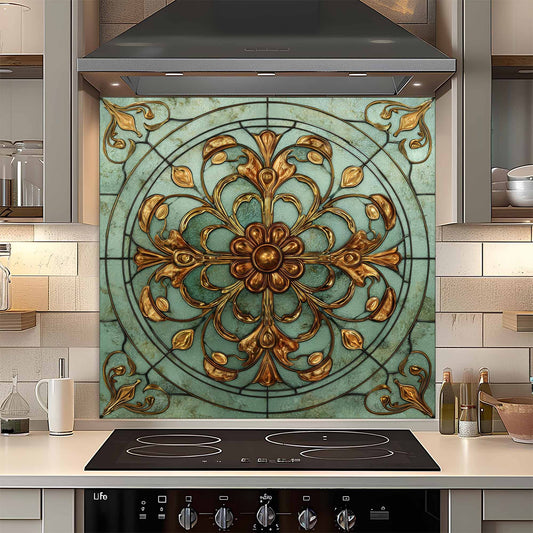 Custom kitchen backsplash with floral pattern above a stove in a kitchen.
