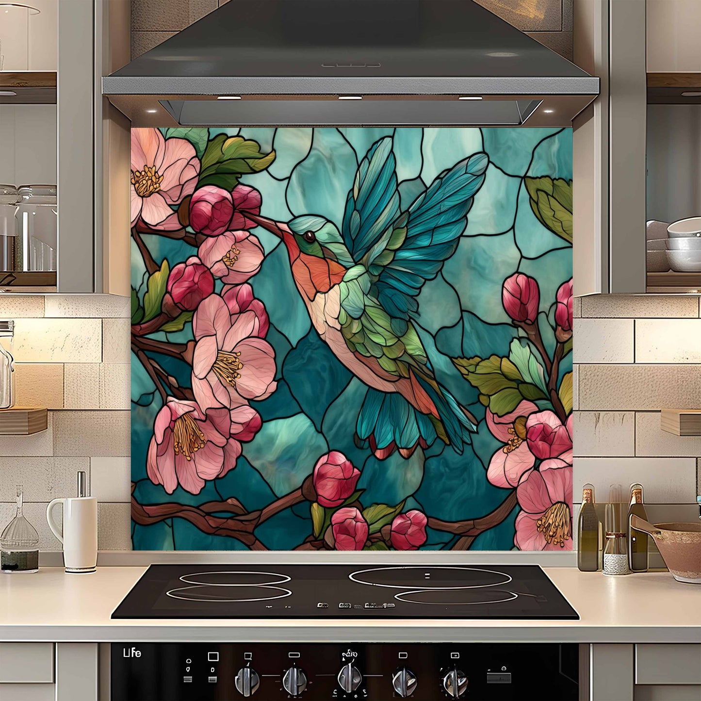 Decorative backsplash with stained glass-style design of a hummingbird and flowers in a kitchen.
