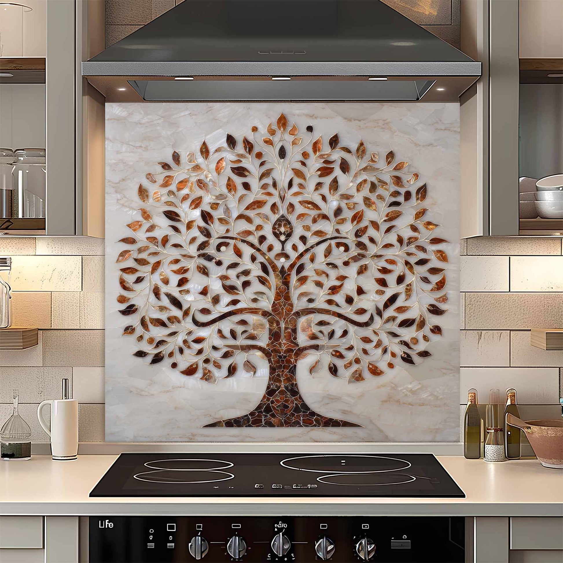 Decorative custom kitchen backsplash with tree design in a kitchen setting