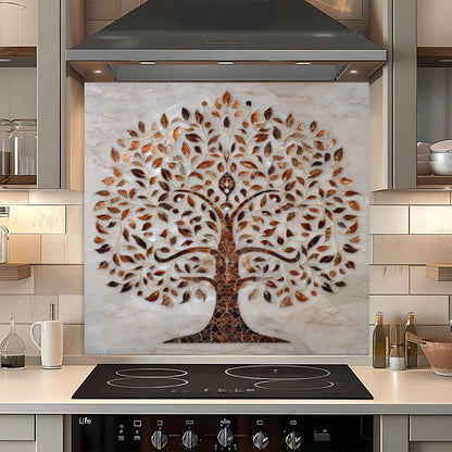 Decorative custom kitchen backsplash with tree design in a kitchen setting