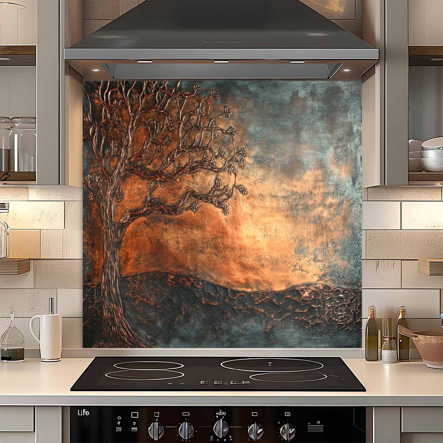 Kitchen with a decorative glass backsplash featuring a tree and sunset design.