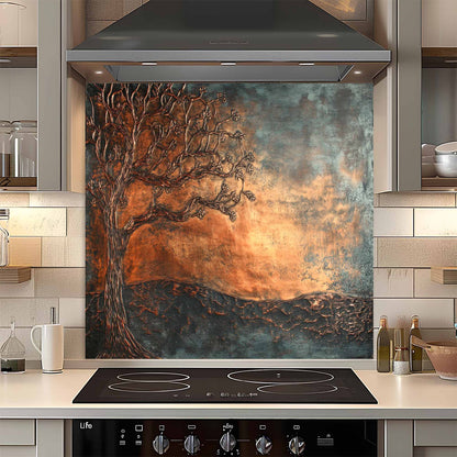 Kitchen with a decorative glass backsplash featuring a tree and sunset design.