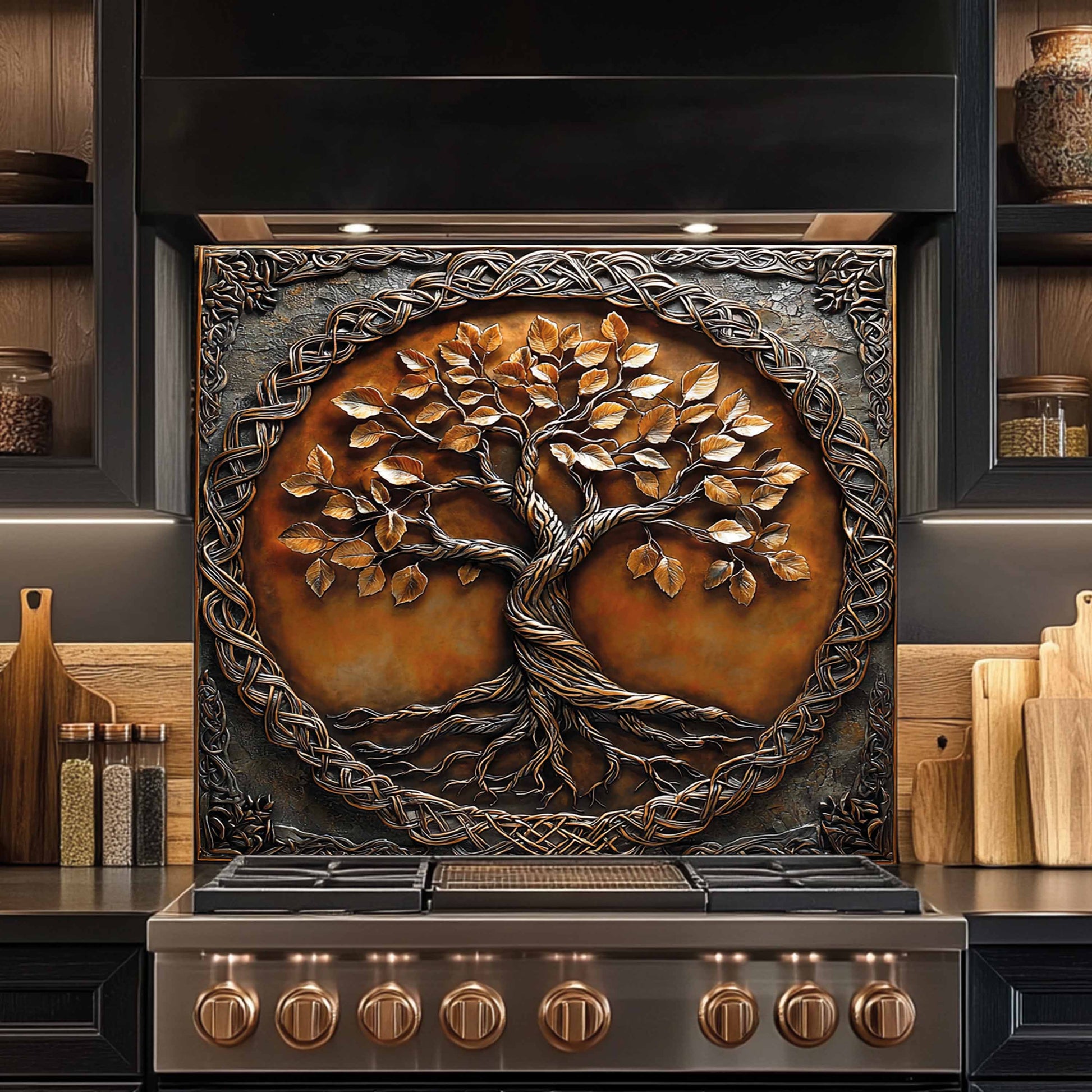 Kitchen backsplash with tree design above a stove in a kitchen setting