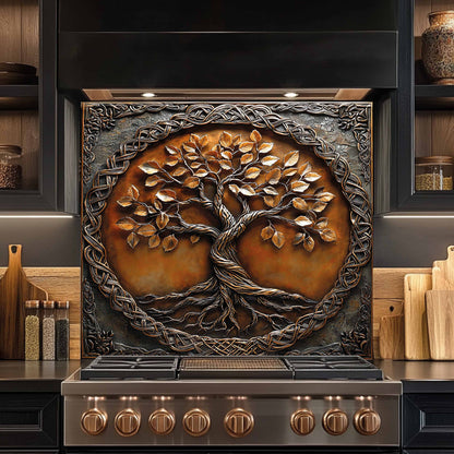 Kitchen backsplash with tree design above a stove in a kitchen setting