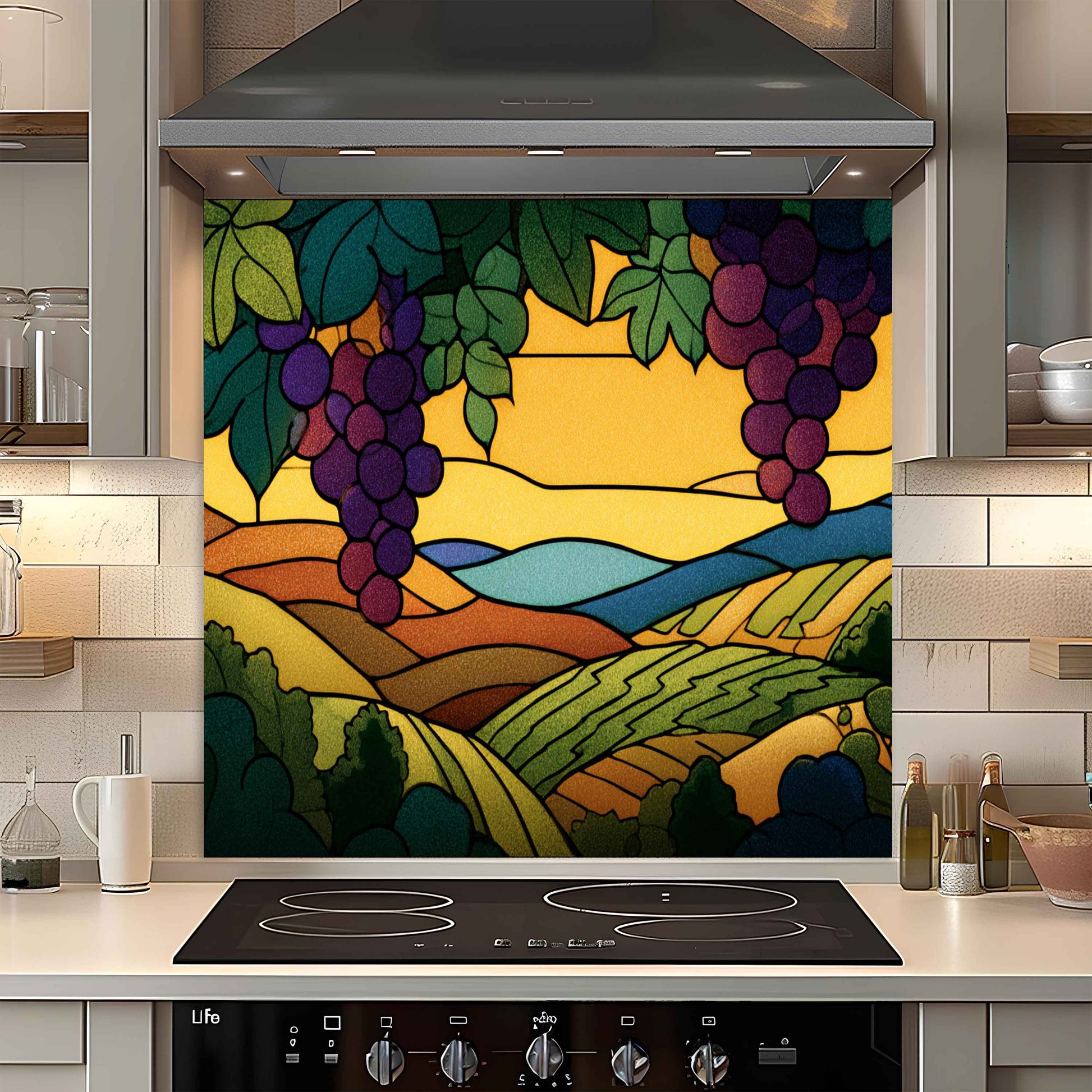 Decorative glass panel with a colorful landscape design above a stove in a kitchen.