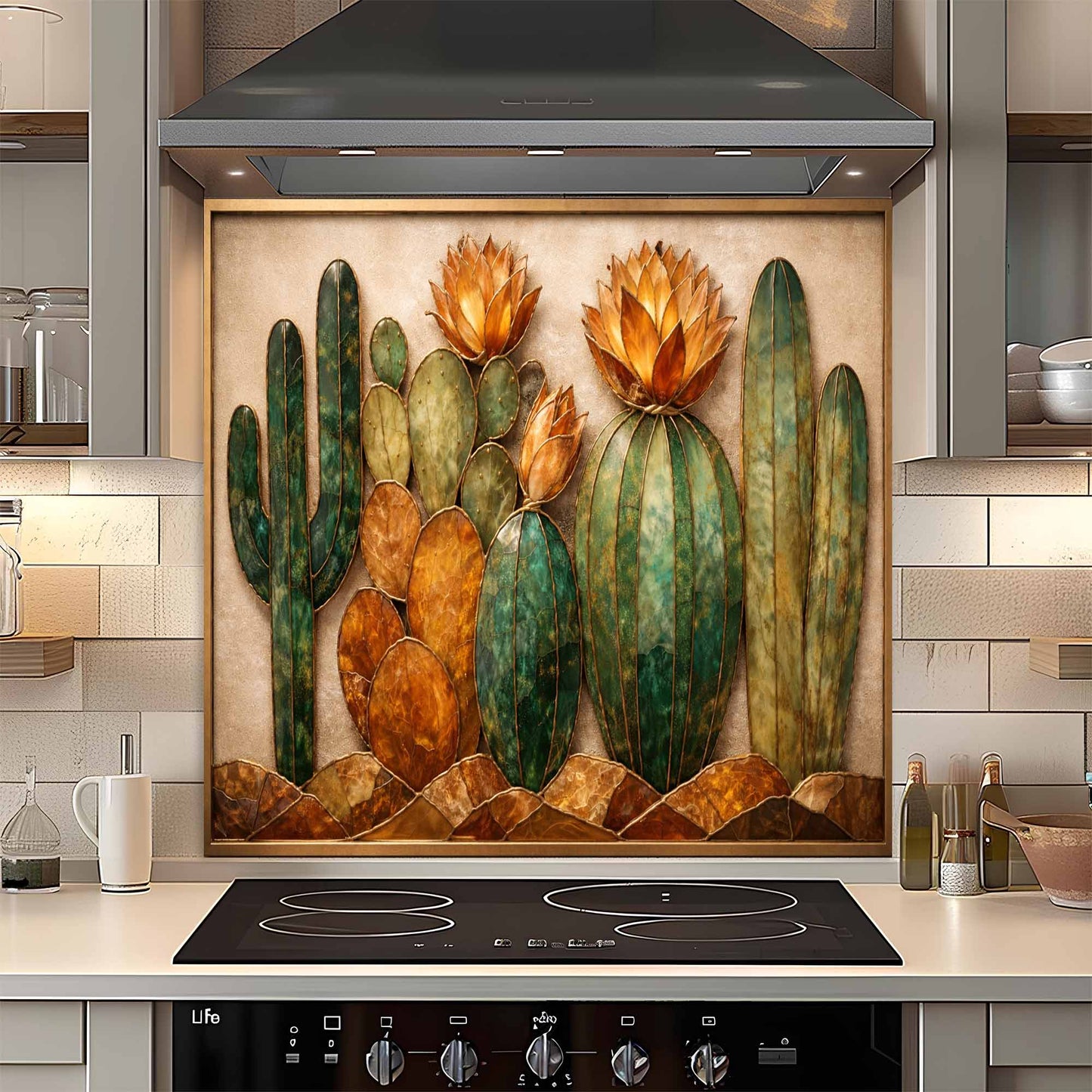 Decorative glass backsplash with cactus design in a kitchen setting