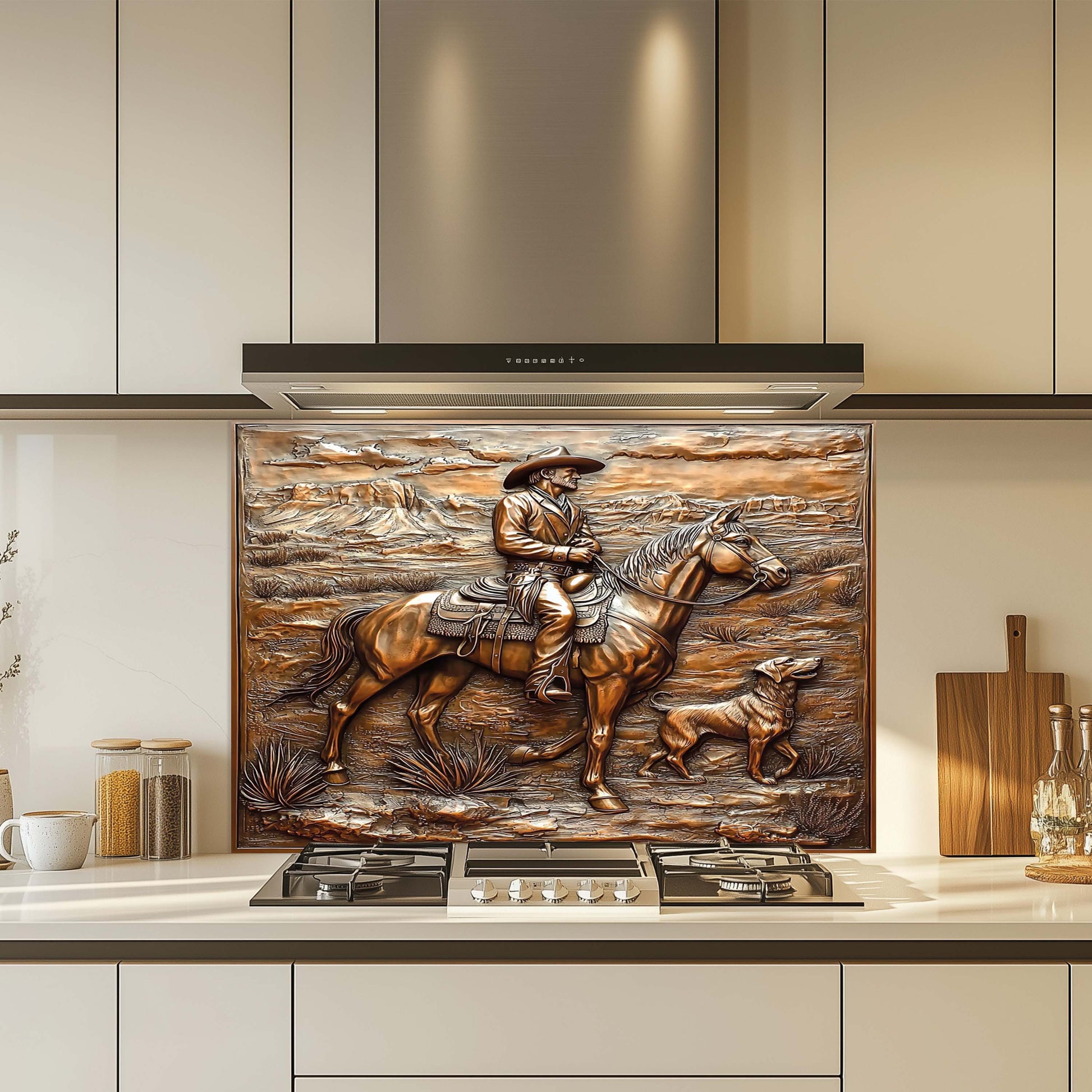 Tempered glass backsplash of a cowboy on horseback in a modern kitchen.