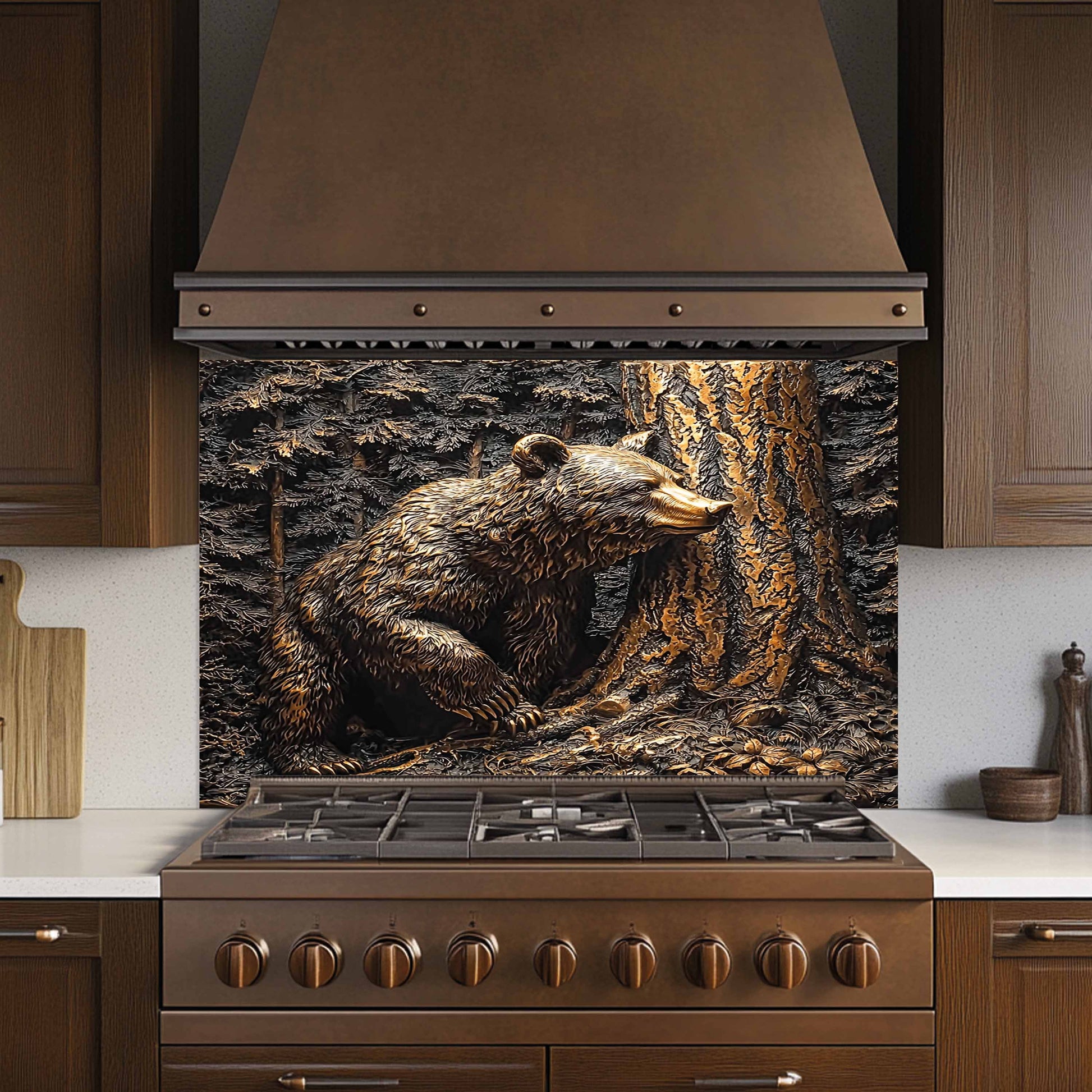 Stainless steel stove with bear mural on the kitchen backsplash in a kitchen setting