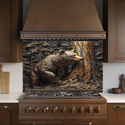 Stainless steel stove with bear mural on the kitchen backsplash in a kitchen setting