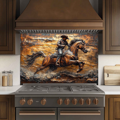 Stainless steel stove with decorative backsplash featuring a cowboy and horse design in a kitchen setting.