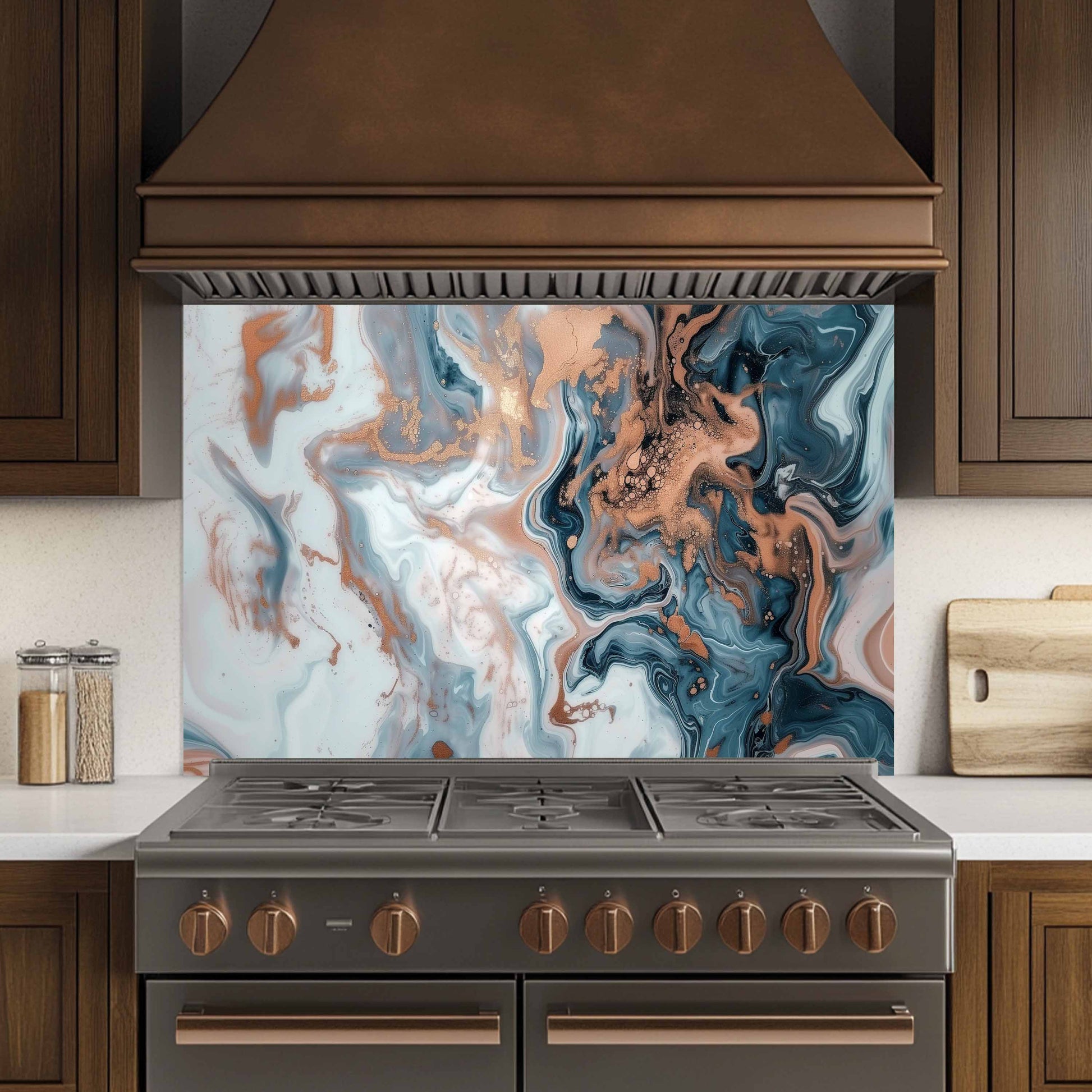Stainless steel stove with a decorative marble splashback in a kitchen setting