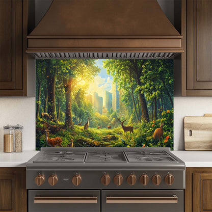 Kitchen with a decorative glass backsplash featuring a forest scene with deer.