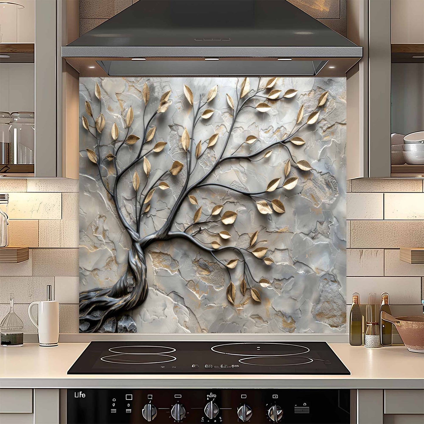 Decorative glass splashback with tree design in a kitchen