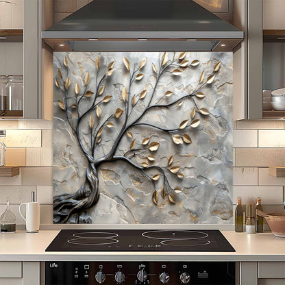 Decorative glass splashback with tree design in a kitchen