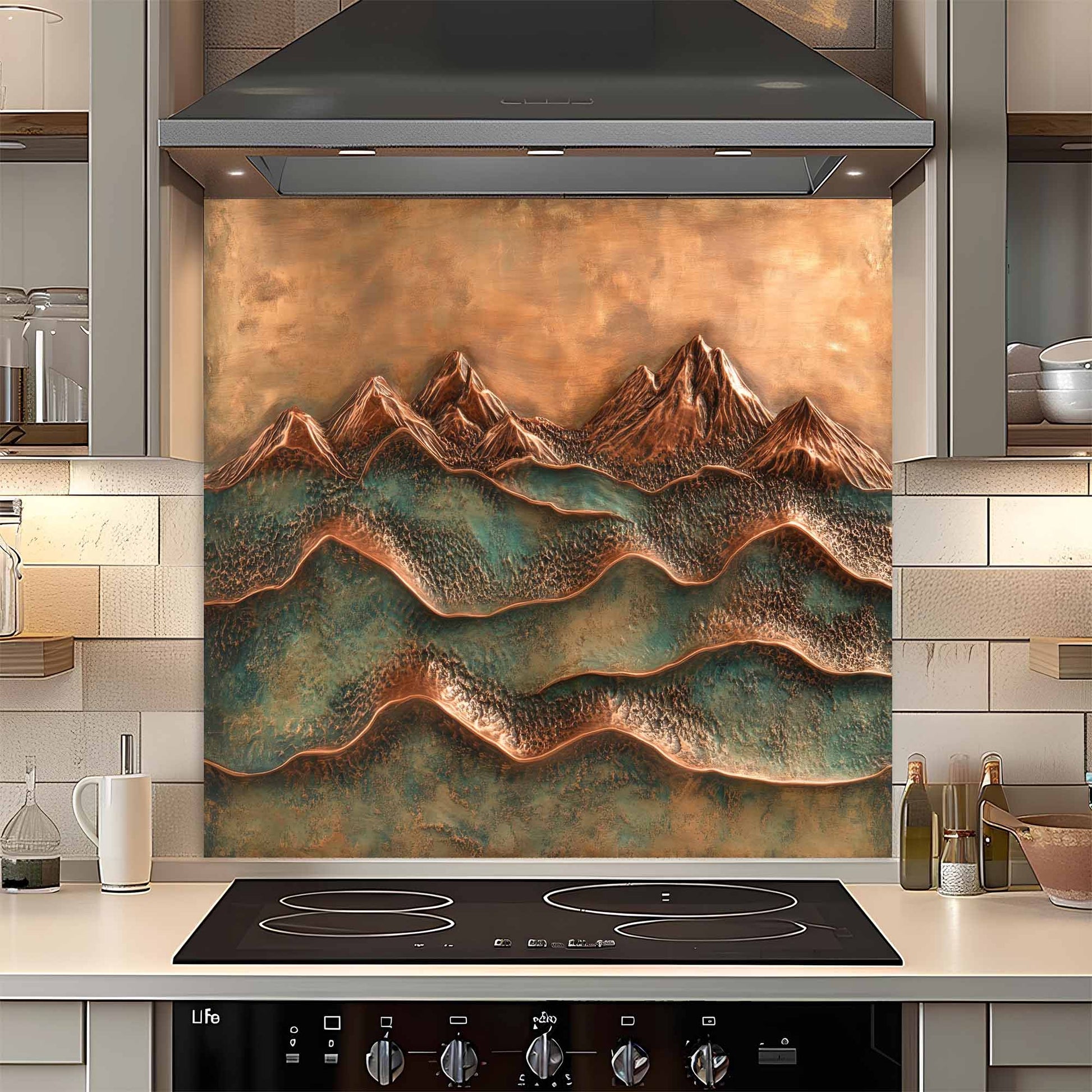 Kitchen with a decorative mountain-themed glass backsplash above an induction cooktop.