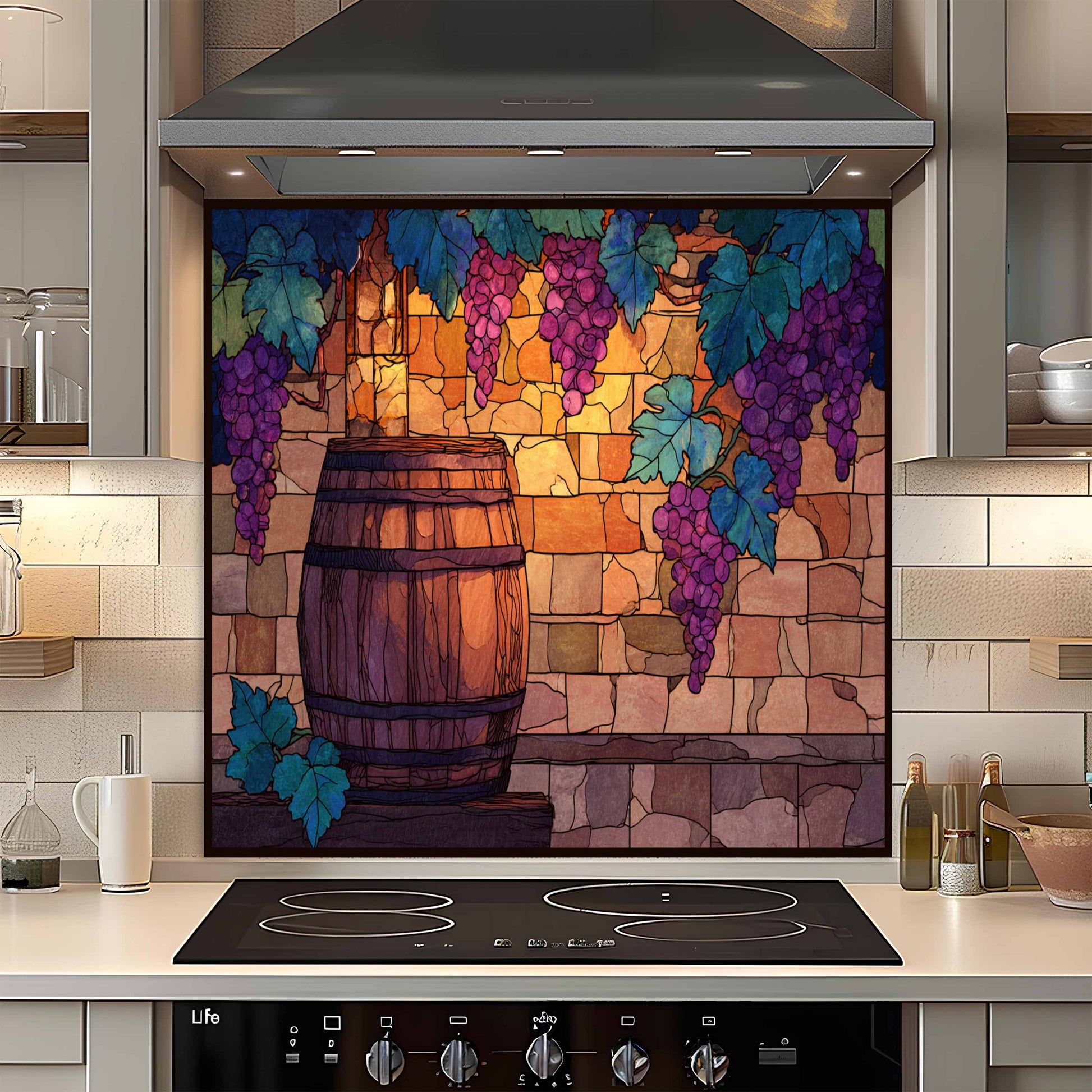 Decorative backsplash with stained glass design of grapes and a barrel in a kitchen.
