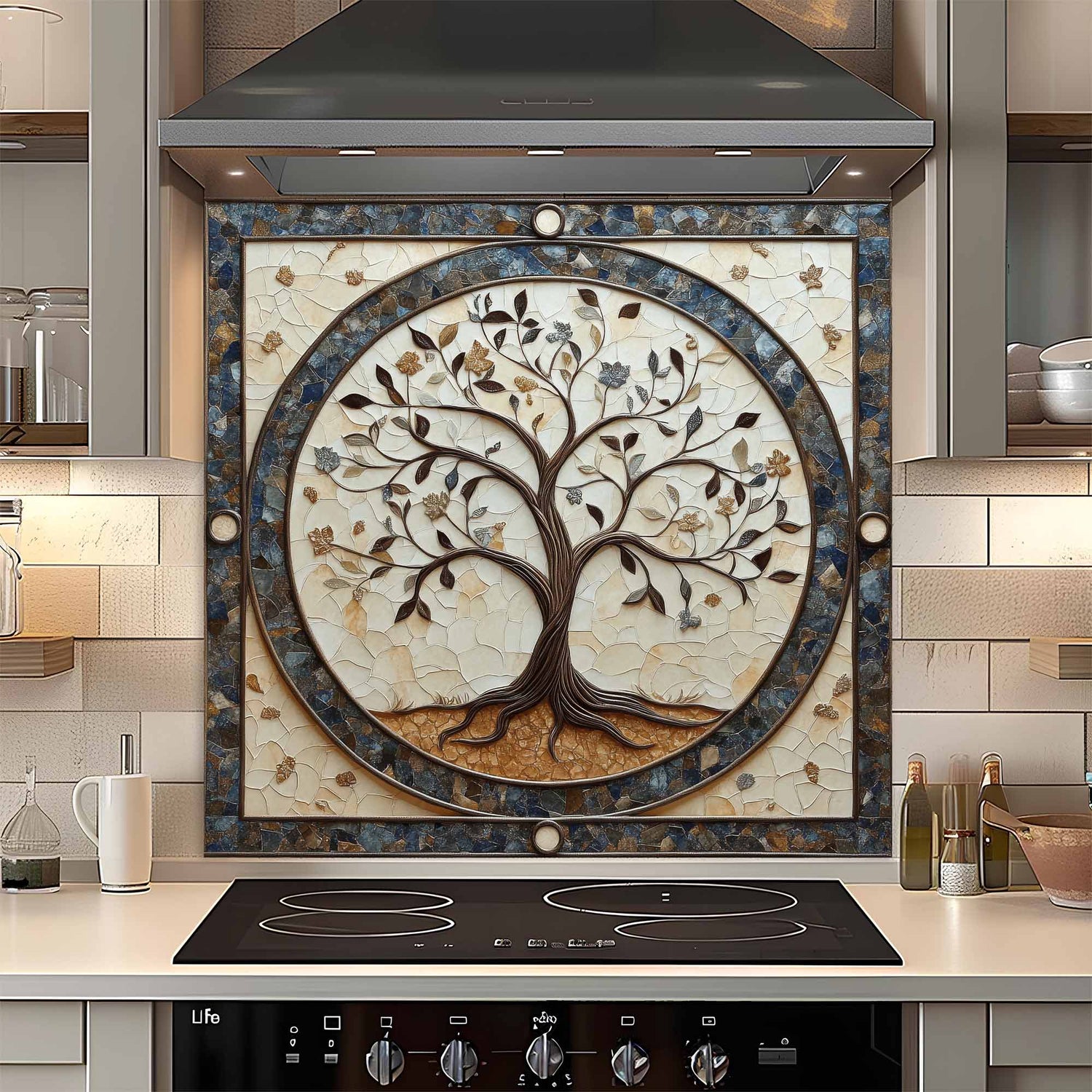 Decorative glass backsplash with a tree design above a stove in a kitchen.