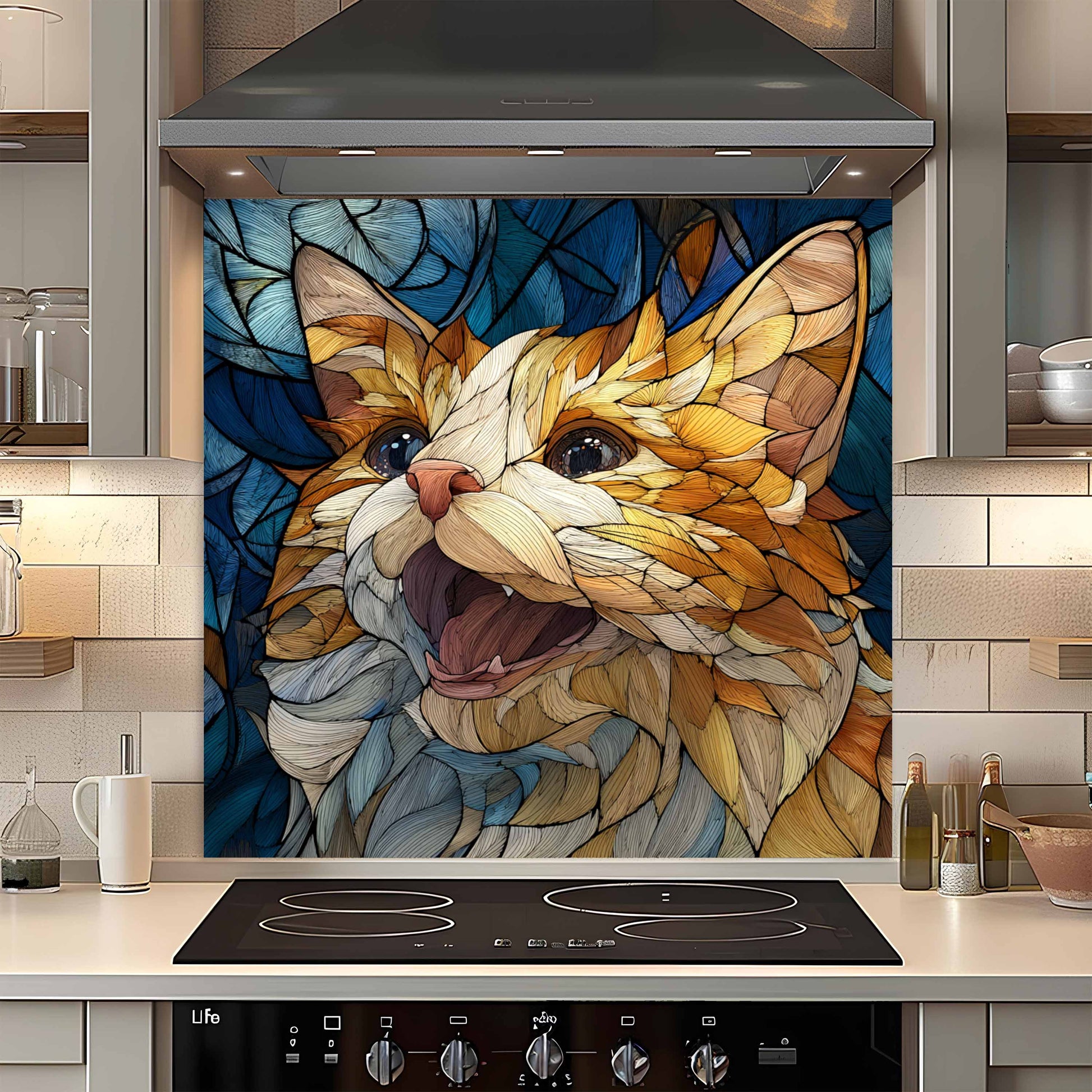 Colorful cat artwork on a kitchen backsplash