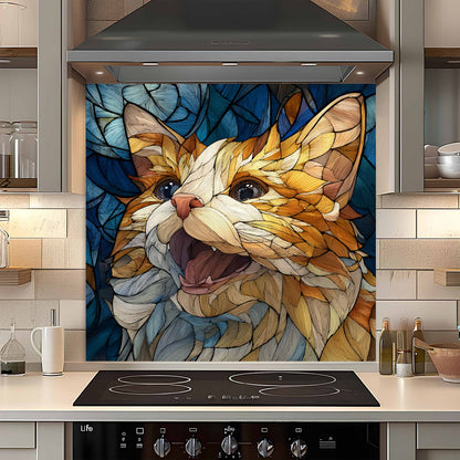 Colorful cat artwork on a kitchen backsplash
