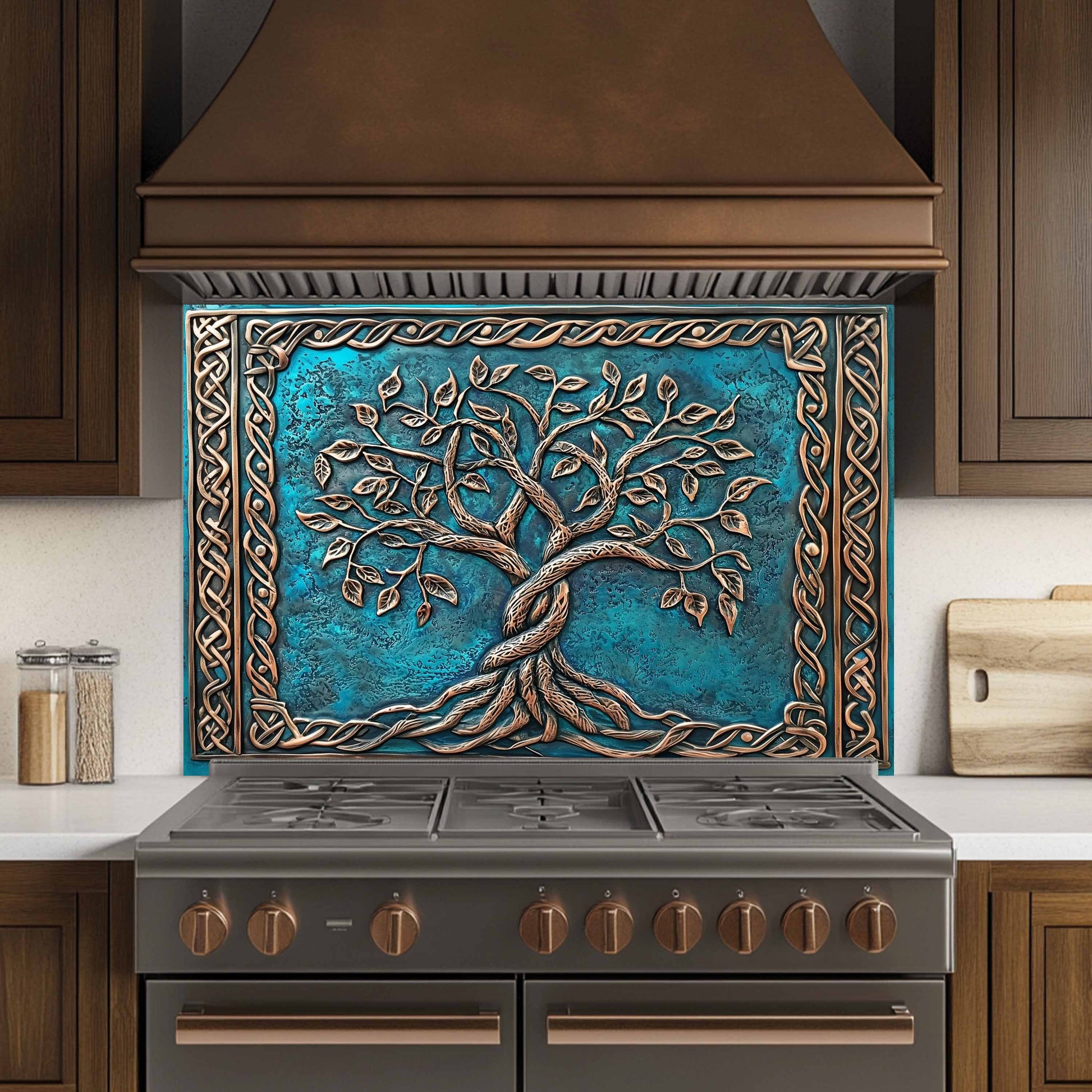 Decorative backsplash with tree design over a stove in a kitchen setting