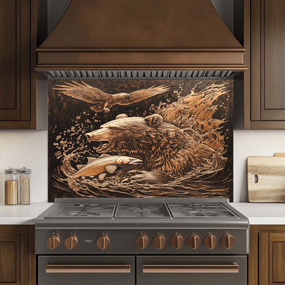 Decorative glass backsplash with bear and eagle design above a stove in a kitchen.