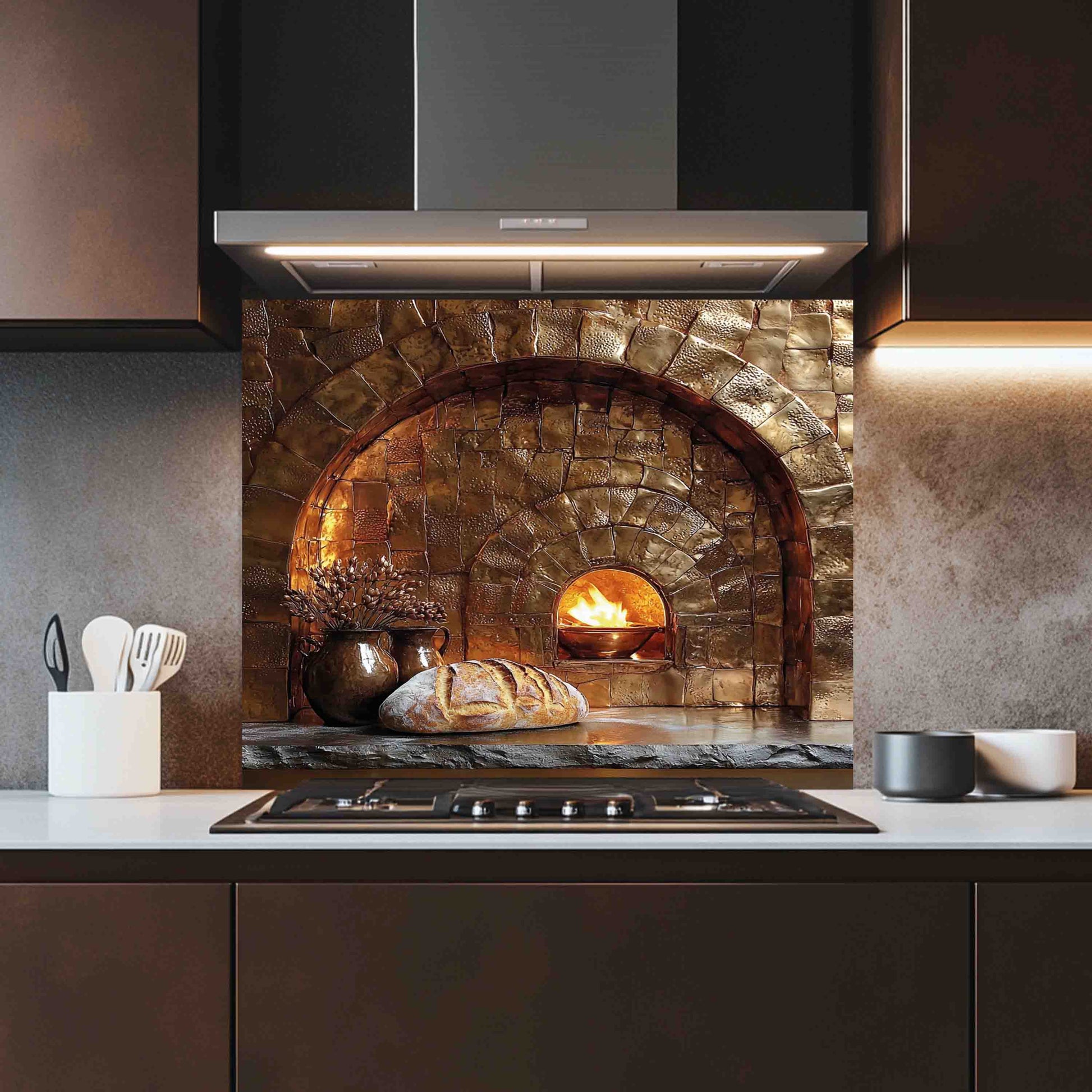 Kitchen with a stone oven design glass backsplash and modern appliances.