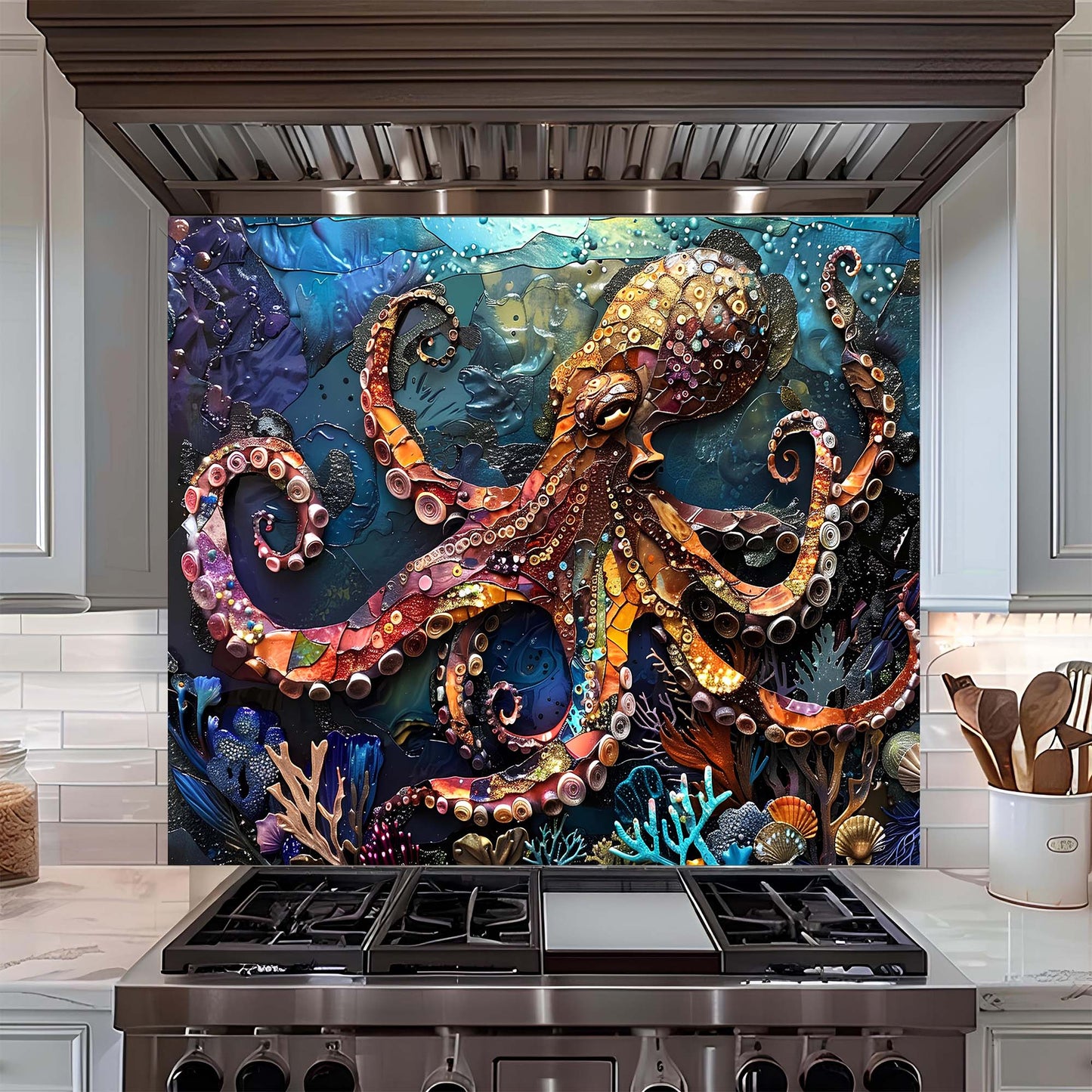 Colorful octopus artwork on a kitchen backsplash above a stove.