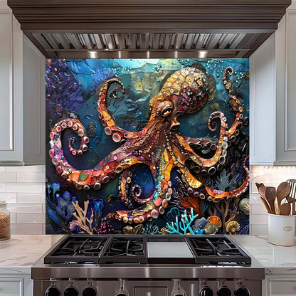 Colorful octopus artwork on a kitchen backsplash above a stove.