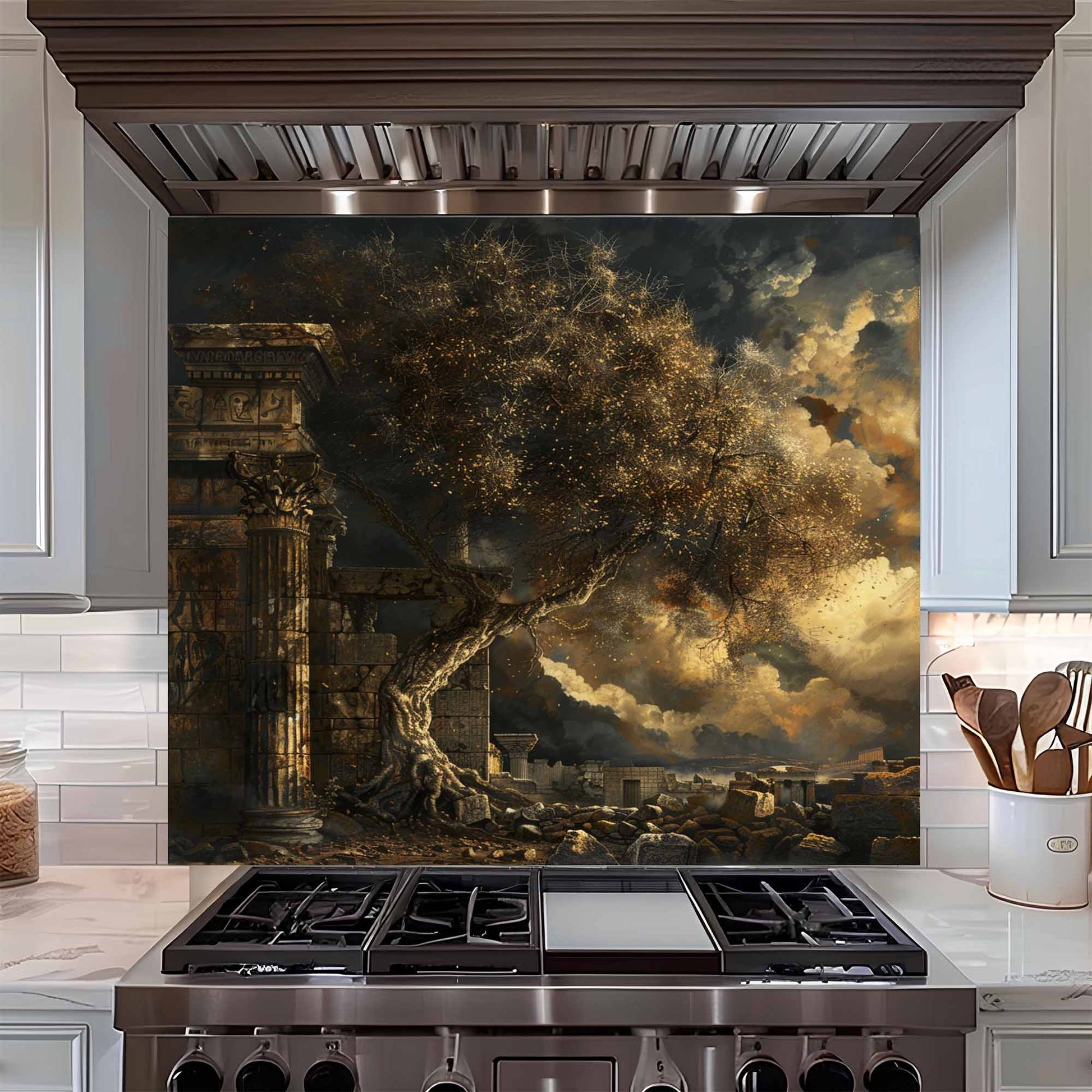 Stainless steel stove with decorative backsplash of a tree and ruins in a kitchen setting.