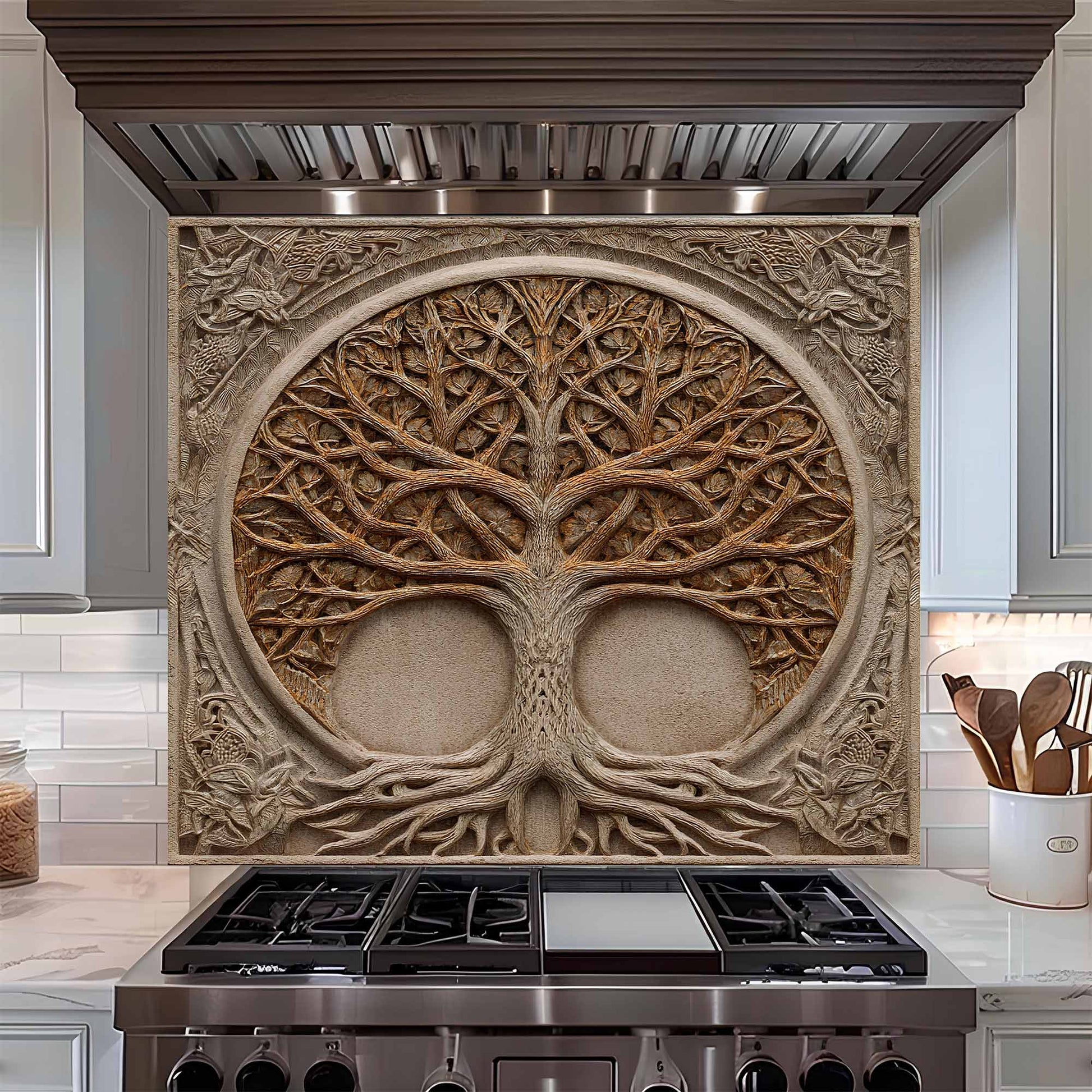 Decorative backsplash with tree design above a stove in a kitchen.