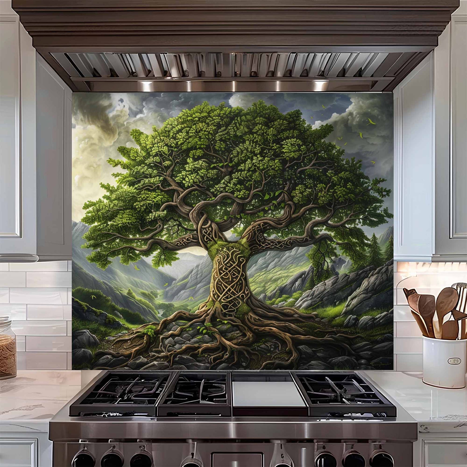 Kitchen stove with a decorative backsplash featuring a tree design
