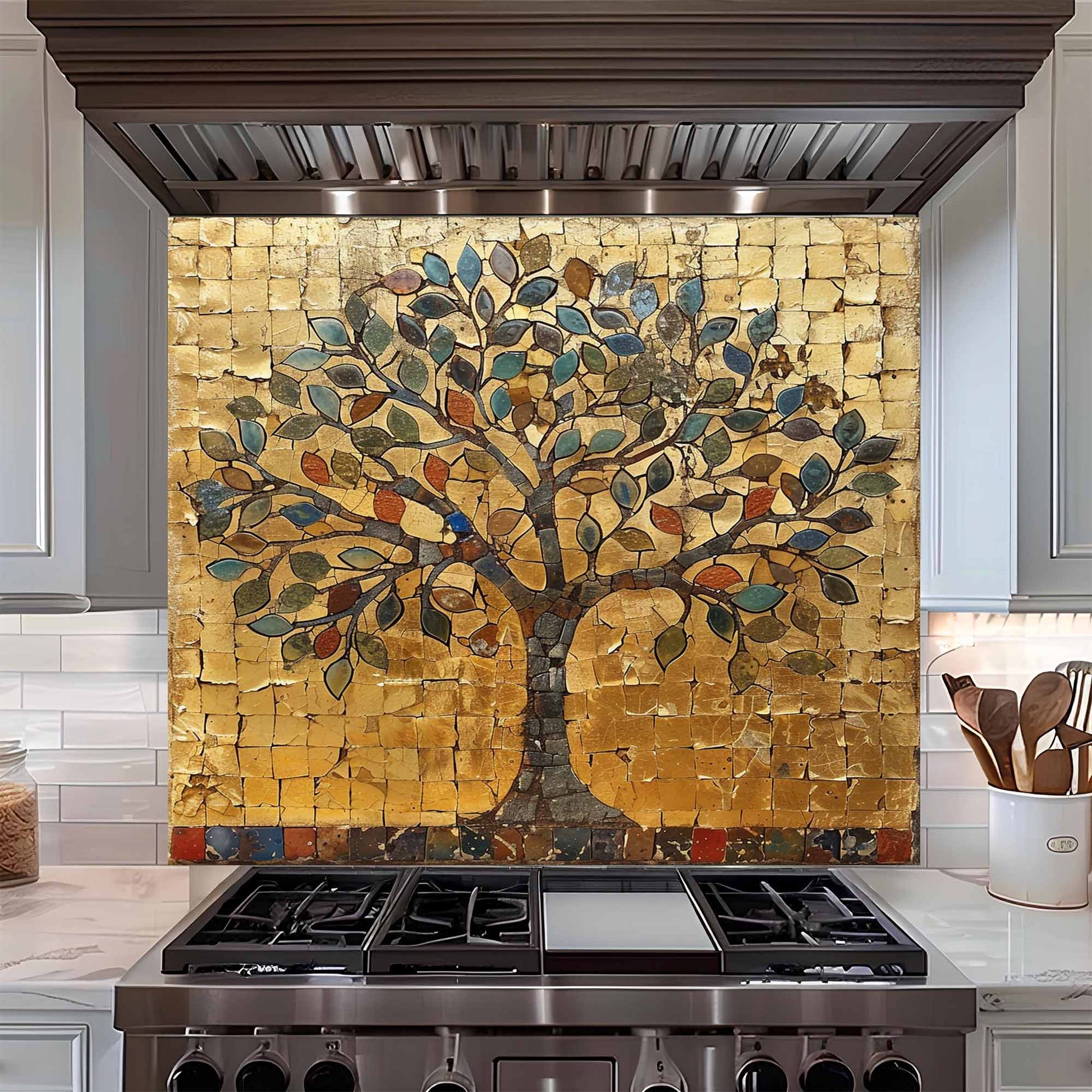 Kitchen stove with decorative mosaic glass backsplash featuring a tree and fruit.