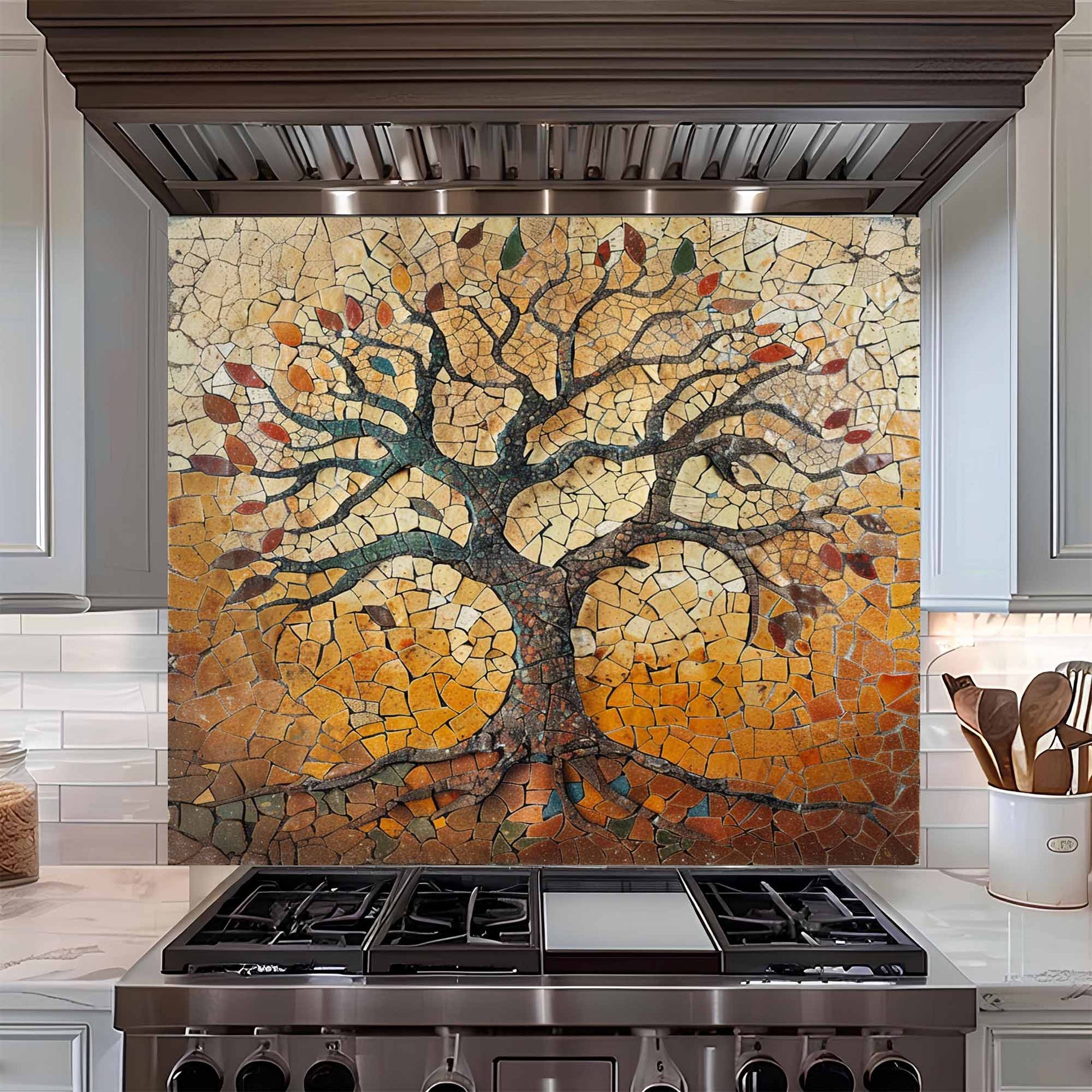 Kitchen stove with a decorative mosaic tree backsplash