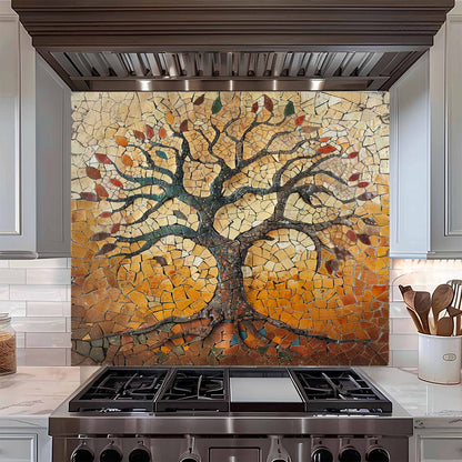 Kitchen stove with a decorative mosaic tree backsplash
