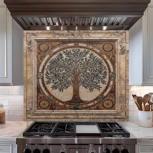 Kitchen with a decorative backsplash featuring a tree design above a stove.