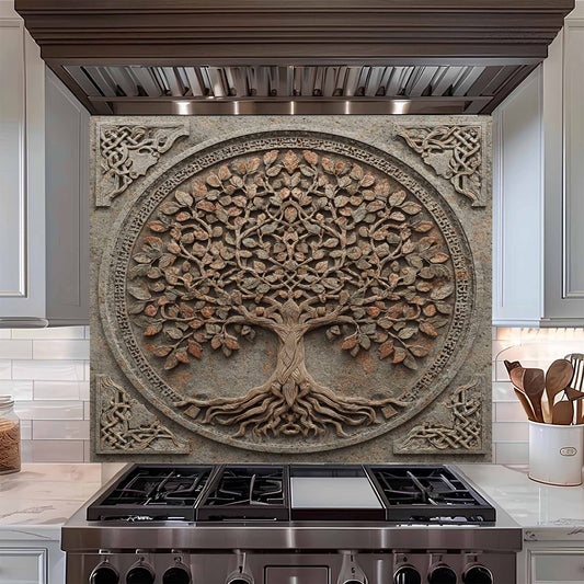Decorative backsplash with tree design above a stove in a kitchen.