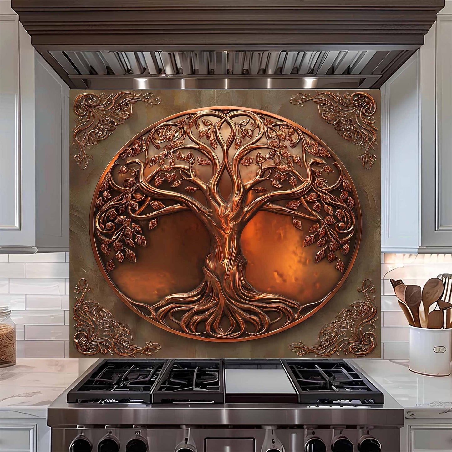 glass backsplash with a tree design above a stove in a kitchen.