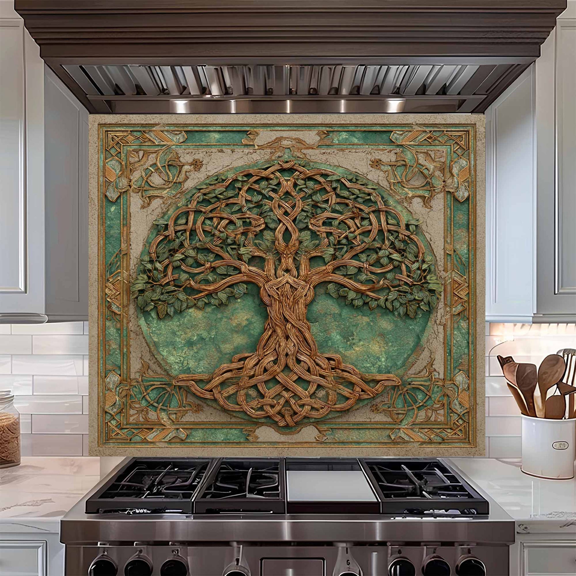 Decorative backsplash with a tree design above a stove in a kitchen.