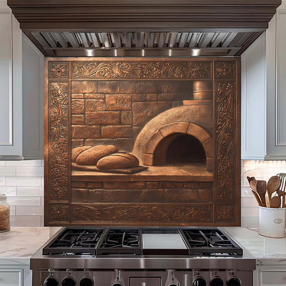 Decorative brick oven glass backsplash above a stove in a kitchen setting