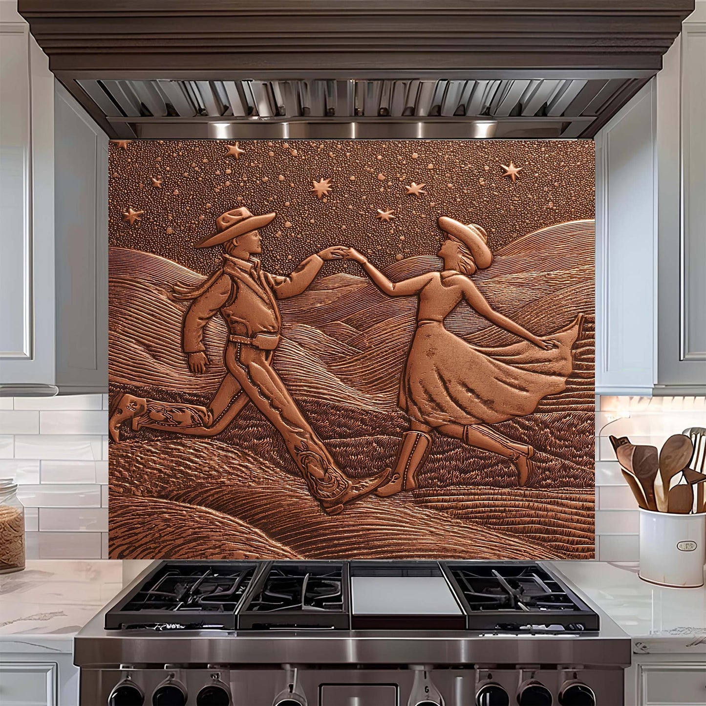 Decorative backsplash with a cowboy and cowgirl design above a stove in a kitchen.