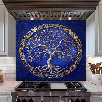 Decorative kitchen back splash with a tree design over a stove in a kitchen.