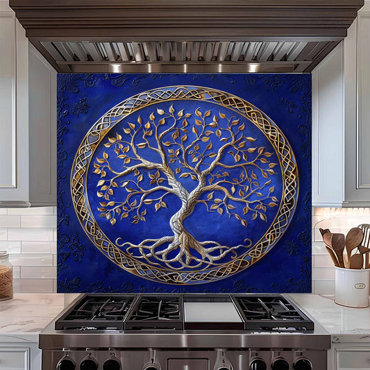 Decorative kitchen back splash with a tree design over a stove in a kitchen.