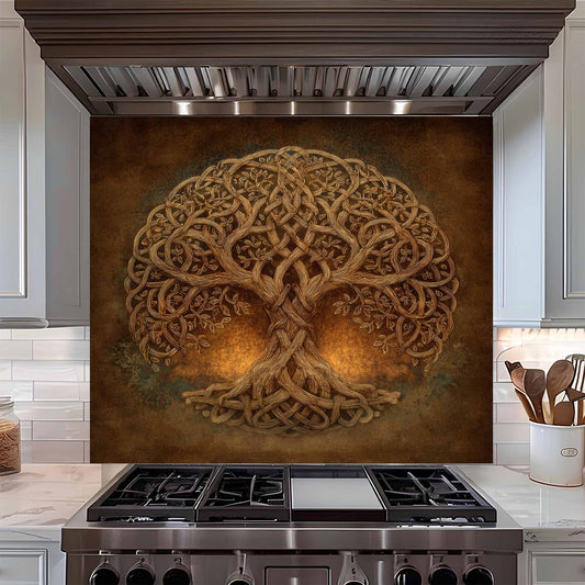 Decorative backsplash with a tree design above a kitchen stove.