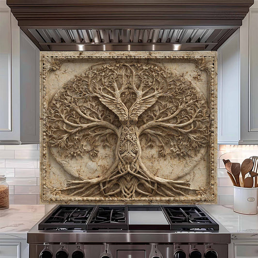 Decorative backsplash of a tree with roots on a kitchen wall above a stove.