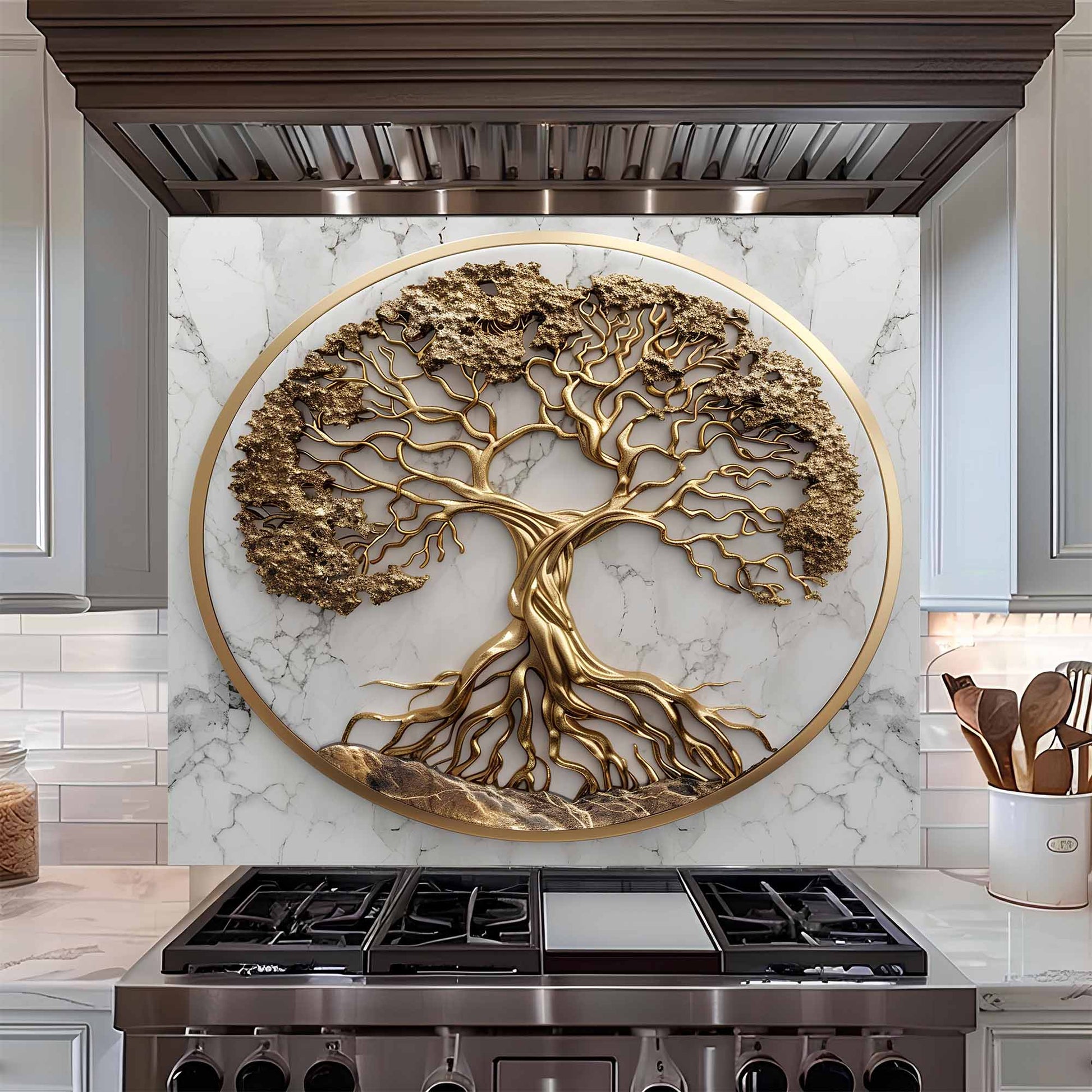 Tempered glass backsplash of a gold tree on a marble background above a stove.