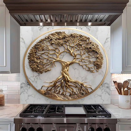 Tempered glass backsplash of a gold tree on a marble background above a stove.