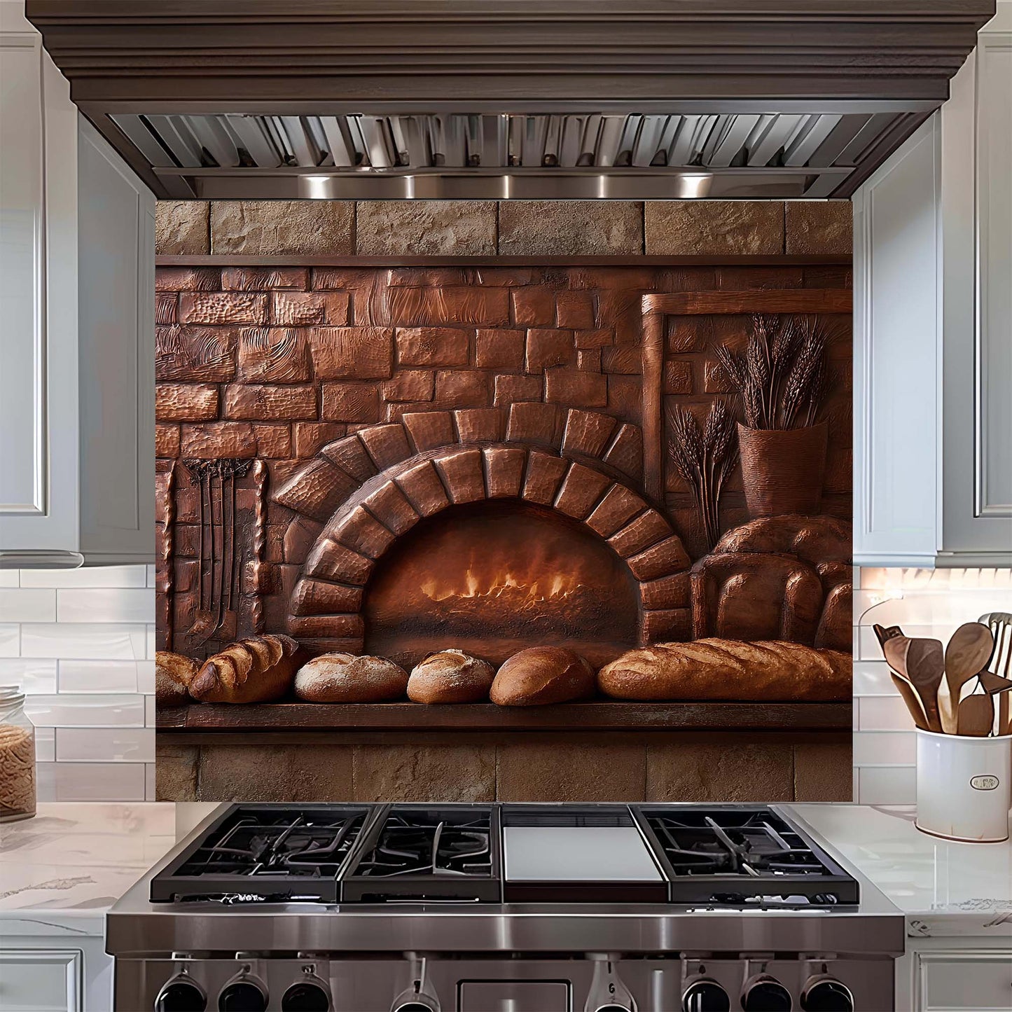 Kitchen with a decorative glass backsplash featuring a brick oven and bread, above a stove.